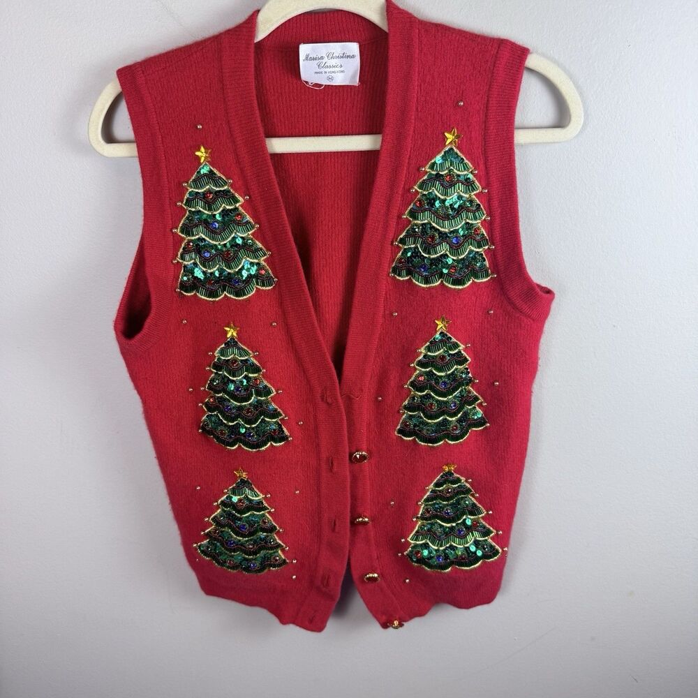 Vintage  Christmas Vest Womens Large Red Trees Angora Beaded Med Granny Sweater